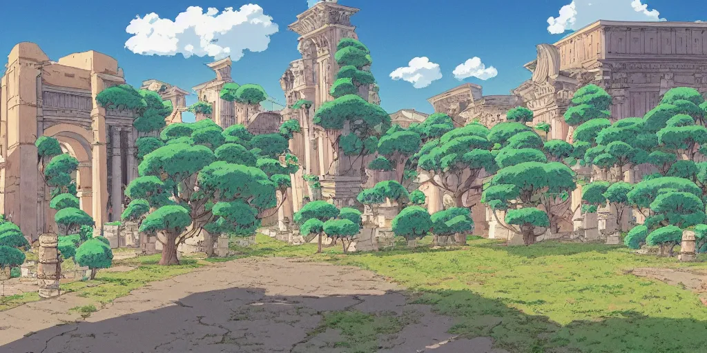 Prompt: studio Ghibli style background animatuon manga matte painting of Rome. Roads. Monuments. 4k quality. Sunny day. Bloom