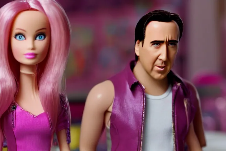 Image similar to Nicolas cage in barbie high resolution still film
