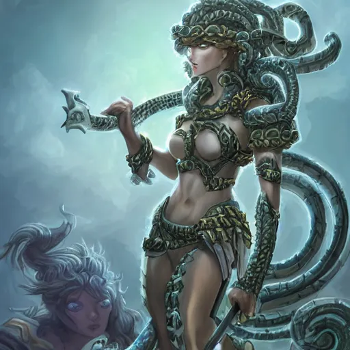 Prompt: torquoise armored medusa holding a spear, snake hair, snake hair, snake hair, medusa, medusa!, pillars background with ruined and statues, fantasy game art, fantasy rpg, league of legends