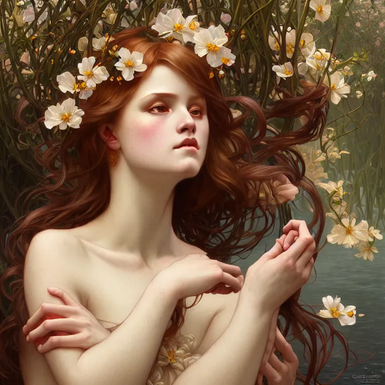 Prompt: ophelia, highly detailed digital painting, smooth, beautiful angle, weak demon, clear focus, illustration, ultra - realistic, dmon vs angle, heaven vs hell, 8 k, strong and powerful confident angle artgerm, greg rutkowski and alphonse mucha