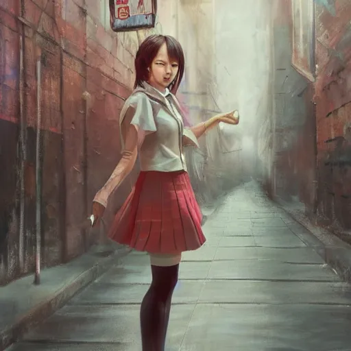 Prompt: a perfect, surrealistic professional oil painting of a Japanese schoolgirl posing in a dystopian alleyway, style of Marvel, full length, by a professional American senior artist on ArtStation, a high-quality hollywood-style concept