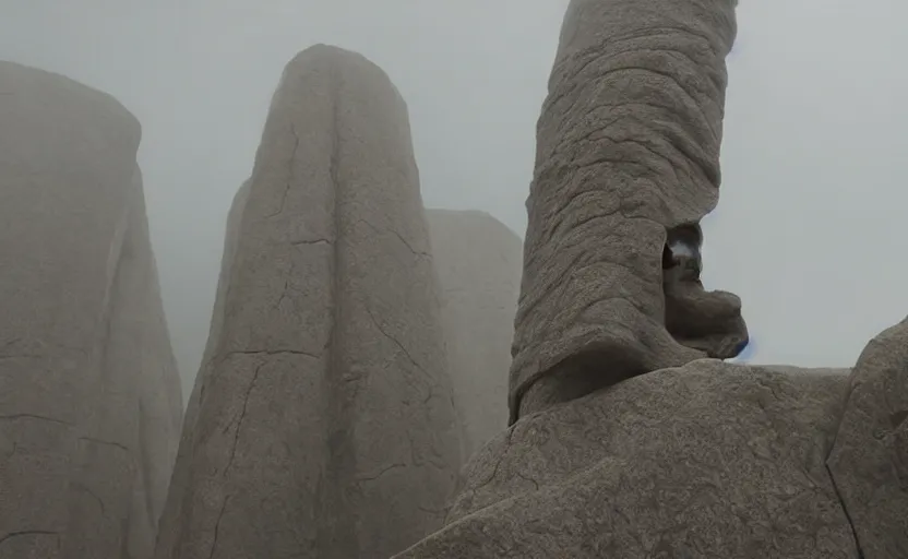 Image similar to screenshot of low angle wide shot of ancient Jedi sculpture looming in the sky outside the foggy Jedi Temple scene from The Force Awakens, 1970s film by Stanley Kubrick, serene, iconic scene, hazy, stunning cinematography, hyper-detailed, sharp, anamorphic lenses, kodak color film, 4k