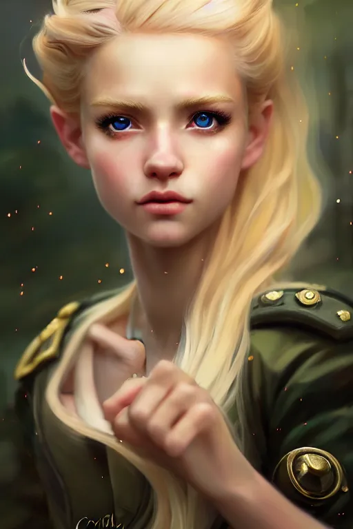 Image similar to cinematic shot of an epic portrait of a cute blonde fairy dressed in military clothes, stylised military clothes, shiny skin, beautiful eyes, beautiful, small details, night setting, realistic poster with volumetric light from craig mallism, artgerm, jeremy lipkin and michael garmash, unreal engine, radiant light, digital art, trends at art station, a masterpiece