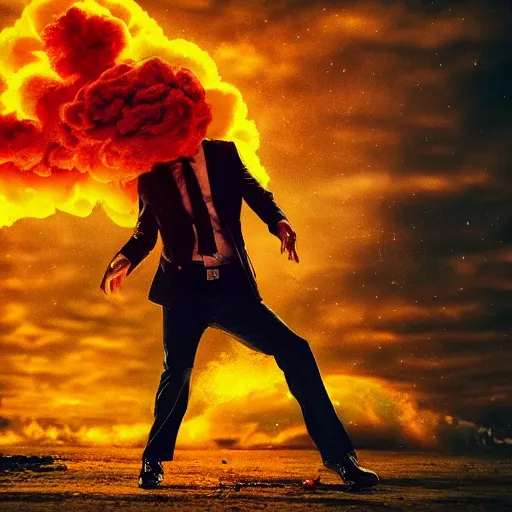 Prompt: hyperreal person with head blown exploding into nuclear cloud very cinematic fine detail, gritty, edgy, dark