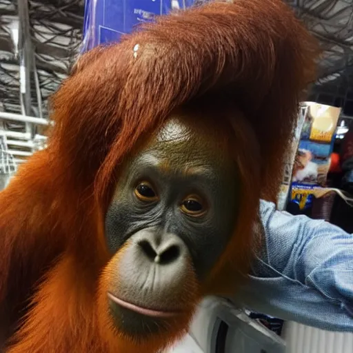 Image similar to orangutan selfie photograph, taken at walmart