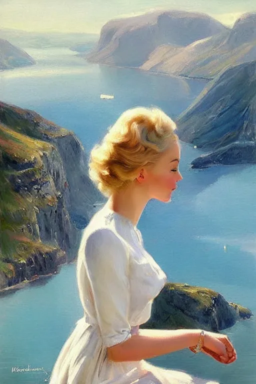 Image similar to 1950s beautiful!!! blonde looking over a Norwegian fjord, aesthetic!!! painting by Vladimir Volegov