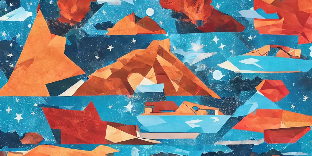 Prompt: river stars galaxy boat mountain phone car, collage artwork, mid-century modern, made of random shapes cut from magazines
