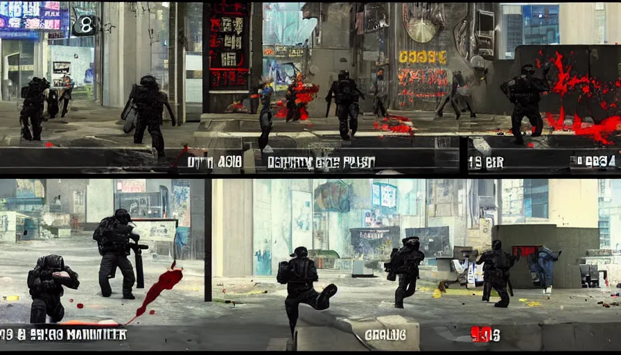 Image similar to 1994 Video Game Deathcam Screenshot, Anime Neo-tokyo Cyborg bank robbers vs police, Set inside of the Bank Lobby, Multiplayer set-piece in bank lobby, Tactical Squad :9, Police officers under heavy fire, Police Calling for back up, Bullet Holes and Blood Splatter, :6 Gas Grenades, Riot Shields, Large Caliber Sniper Fire, Chaos, Anime Cyberpunk, Anime Bullet VFX, Machine Gun Fire, Violent Gun Action, Shootout, :7 Inspired by Escape From Tarkov + Intruder + Payday 2 :9 by Katsuhiro Otomo: 9