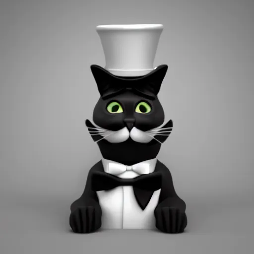 Prompt: a cat wearing a top hat and a bow tie, an ambient occlusion render by anne stokes, polycount contest winner, new objectivity, daz 3 d, rendered in maya, sketchfab
