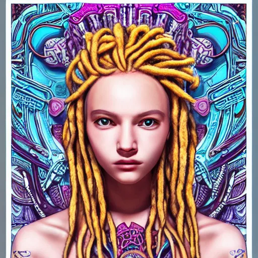 Image similar to the head of a beautiful blonde dreadlocked young woman, an ultrafine detailed illustration by james jean, final fantasy, intricate linework, bright colors, behance contest winner, vanitas, angular, altermodern, unreal engine 5 highly rendered, global illumination, radiant light, detailed and intricate environment