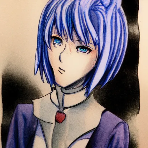 Prompt: pencil and watercolor sketch of rei ayanami