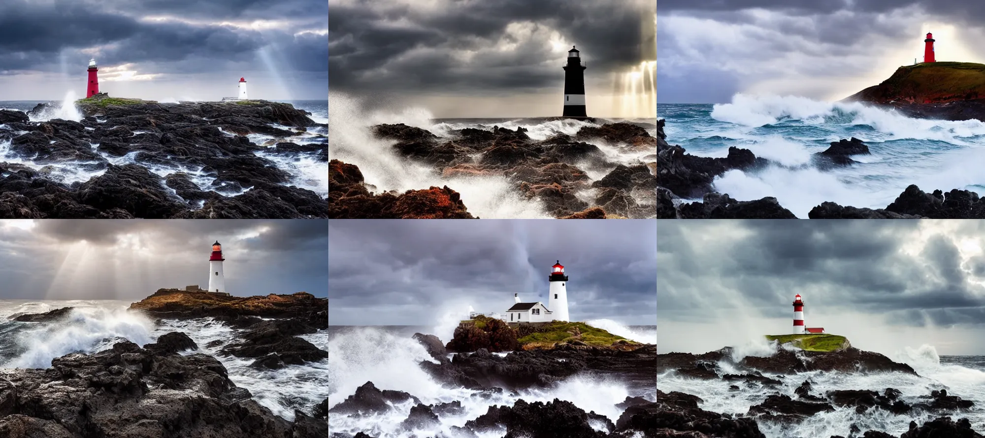 Prompt: a lighthouse on rocks with huge, very huge waves crashing over it, scenic full shot, ambient lighting, stormy sky, god rays
