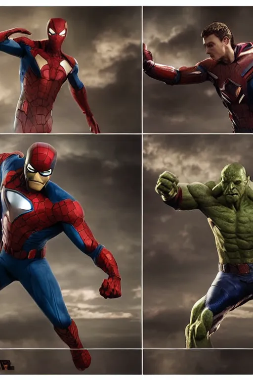 Image similar to VFX movie still frame portrait DC vs. Marvel team natural skin, hero pose, war zone by Emmanuel Lubezki