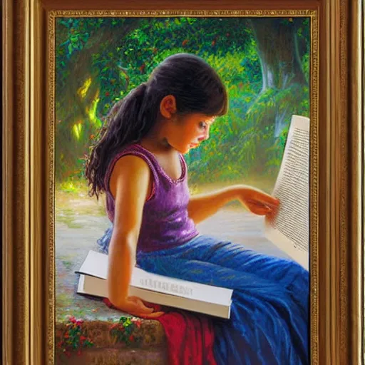 Prompt: a girl reading a book by Mark Keathley