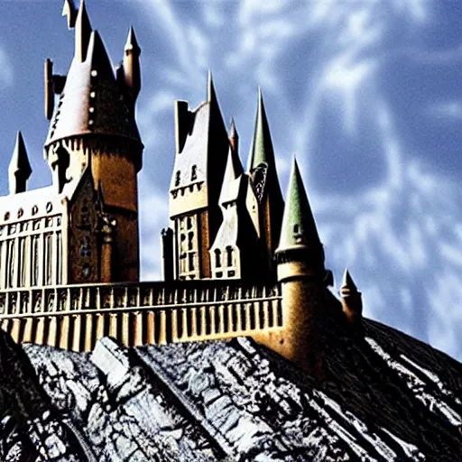 Image similar to Hogwarts castle destroyed, broken windows, broken rampart, wizards mourning