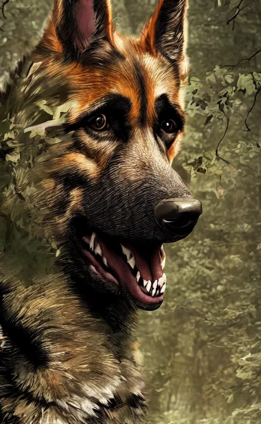 Image similar to close up character portrait icon of the german shepard beast - man military uniform head animal person wearing clothes standing in the bright forest, hidari, color page, tankoban, 4 k, tone mapping, akihiko yoshida