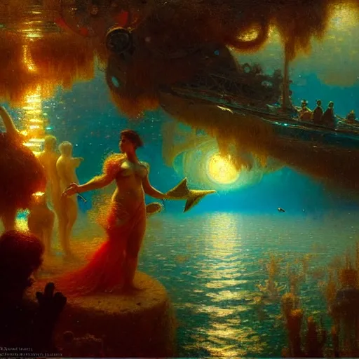 Image similar to i am at the bottom of the ocean looking up, see fishes swimming, the milk way up above, night time, midnight. highly detailed painting by gaston bussiere, greg rutkowski 8 k