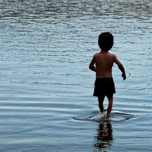 Prompt: a boy walking in the water without equippment