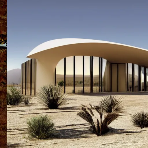 Image similar to architectural rendering of biophilia building in the desert, biomimetry shape, peaceful