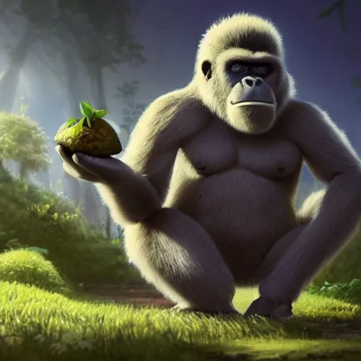 Image similar to a wholesome animation key shot of a small gorilla holding a amanita muscaria, chilled out smirk on face, listening to music, jeep in background, studio ghibli, pixar and disney animation, sharp, rendered in unreal engine 5, anime key art by greg rutkowski, bloom, dramatic lighting