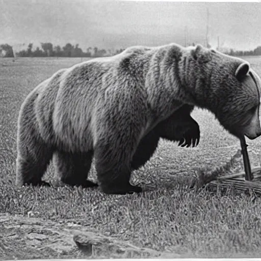 Image similar to a picture of a giant bear pulling a canon, eastern front, historical picture