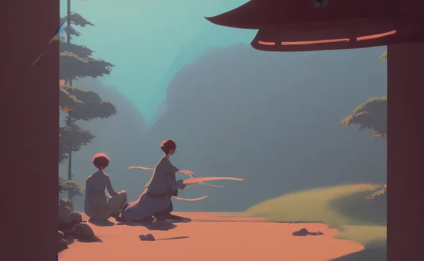 Prompt: an asian peaceful mythical magical scene illustration by atey ghailan and escher and edward hopper