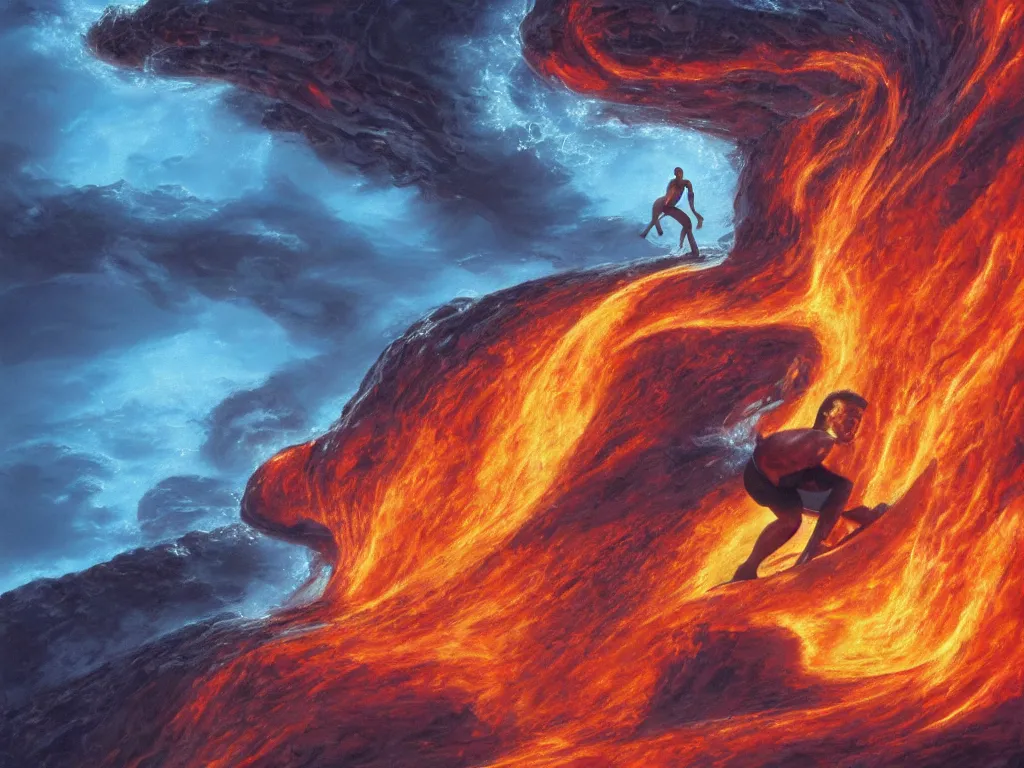 Prompt: arnold schwarzenegger surfing on lava wave by boris vallejo, stunning scene, 8 k, digital painting, hyperrealism, bright colors, trending on artstation