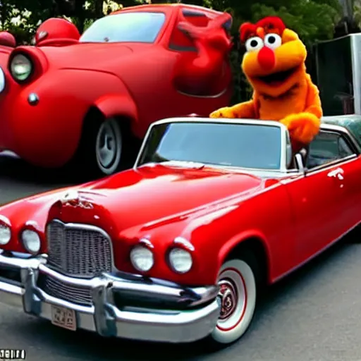 Image similar to Elmo hijacks a vintage Packard