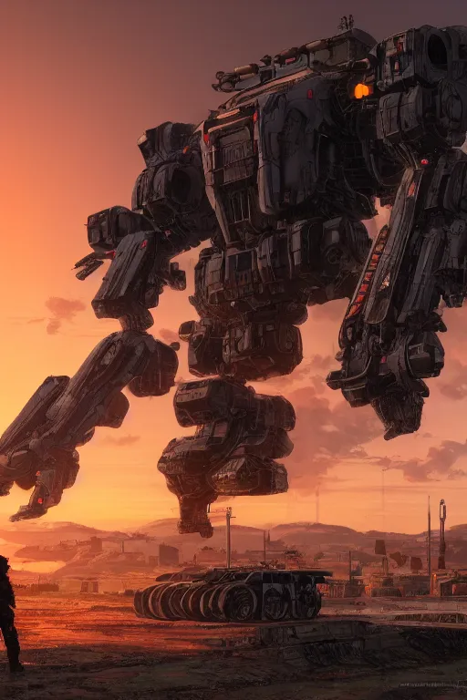 Prompt: A realistic photo of a huge Mechwarrior, a sunset in the distance, by Josan Gonzalez, Yoji Shinkawa and Geof Darrow, highly detailed, Unreal Engine Render, 3D, 8k wallpaper, uplight