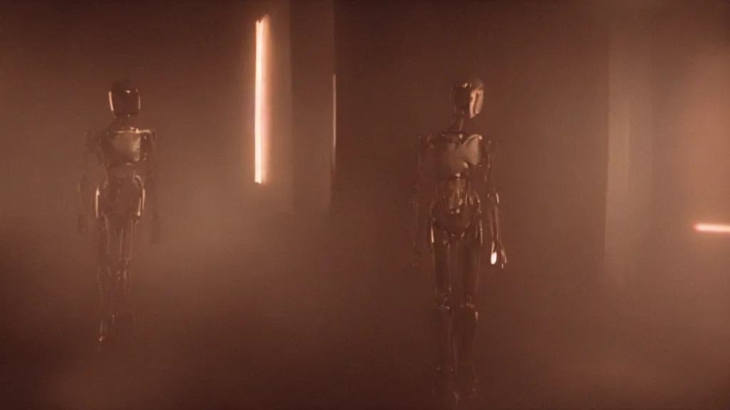Image similar to movie scene of half human half robot, movie still, cinematic composition, cinematic light, by David Lynch
