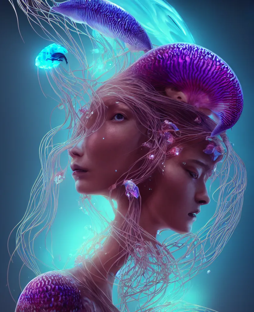 Image similar to goddess close-up portrait. orchid jellyfish phoenix head, nautilus, skull, betta fish, bioluminiscent creatures, intricate artwork by Tooth Wu and wlop and beeple. octane render, trending on artstation, greg rutkowski very coherent symmetrical artwork. cinematic, hyper realism, high detail, octane render, 8k