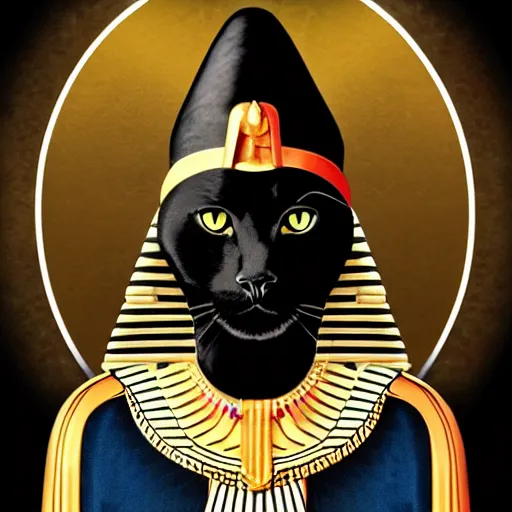 Prompt: A portrait of a black cat Pharaoh, wearing an Egyptian attire and a had, holding a staff, photorealistic digital art in a synthwave style