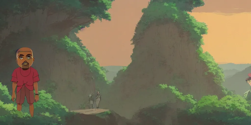 Prompt: kanye west in a studio ghibli movie, movie still frame, anime art style, studio ghibli, 4 k, 8 k