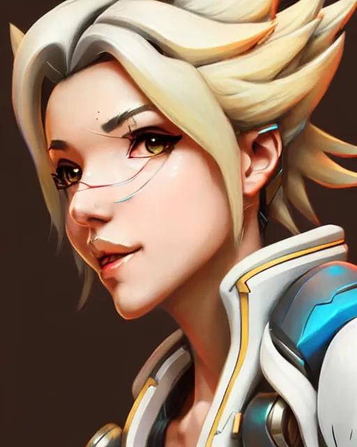 Image similar to mercy from overwatch, character portrait, portrait, close up, concept art, intricate details, highly detailed, in the style of moebius