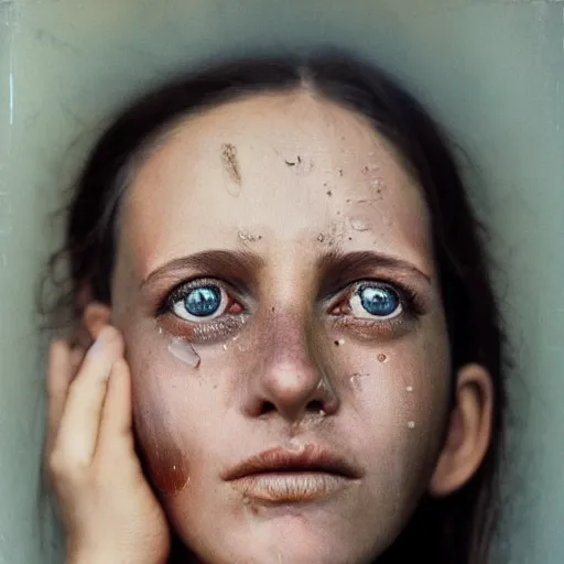 Image similar to portrait photography of women with tears in eyes by annie leibovitz, deep emotions, perfect facial symmetry, dim volumetric cinematic lighting, 8 k, post - processing, extremely hyper - detailed, intricate, epic composition, masterpiece, stunning,