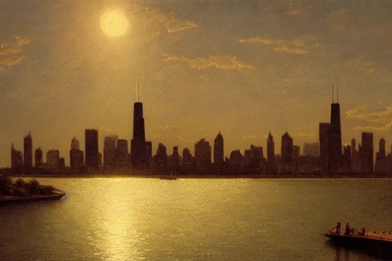 Prompt: chicago skyline, painted by hudson river school, dramatic lighting, artstation