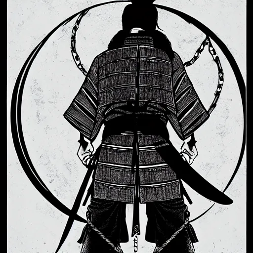 Image similar to A PORTRAIT FROM BEHIND OF A SAMURAI MAN VAGABOND WITH A MOON BEHIND HIM ,THE SAMURAI IS WRAPPED IN CHAINS ,detailed, concept art, ink style , sketch