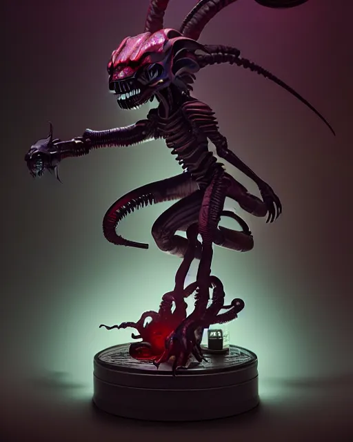 Image similar to highly detailed funko pop of xenomorph, stephen bliss, unreal engine, greg rutkowski, loish, rhads, beeple, makoto shinkai and lois van baarle, ilya kuvshinov, rossdraws, tom bagshaw, alphonse mucha, global illumination, god rays, detailed and intricate environment