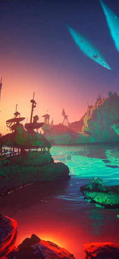 Prompt: a massive abstract set for the musical peter pan, floating on gently rippling water under an unbelievable night sky, unreal engine 5, 4 k textures, trending on artstation