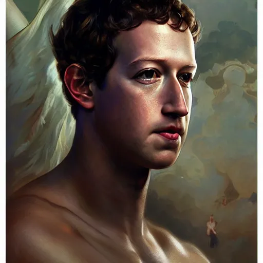 Prompt: portrait of mark zuckerberg as a heavenly god, full body, muscular, fantasy, intricate, elegant, highly detailed, digital painting, artstation, concept art, matte painting, sharp focus, illustration, art by artgerm and greg rutkowski and alphonse mucha