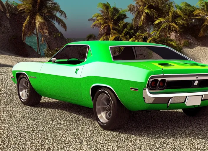 Image similar to hyperrealism, detailed textures, photorealistic 3 d render, a dreamy beach in cuba, a 1 9 7 0 hemi cuda with mopar green colour scheme, sharp focus, ultra realistic, ultra high pixel detail, cinematic, intricate, cinematic light, concept art, illustration, art station, unreal engine 8 k