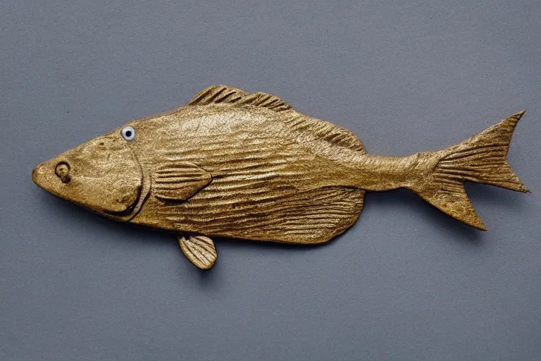 Image similar to slightly cartoony fish made out of a flat piece of bronze textured with a hammer to produce scales