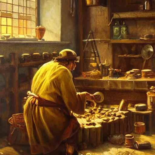 Prompt: merchant discovering gold, oil painting