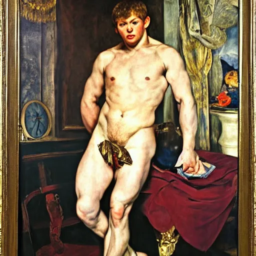 Image similar to russian young muscular athlete man posing in his living room, 1987, Peter Paul Rubens, manet, renoir