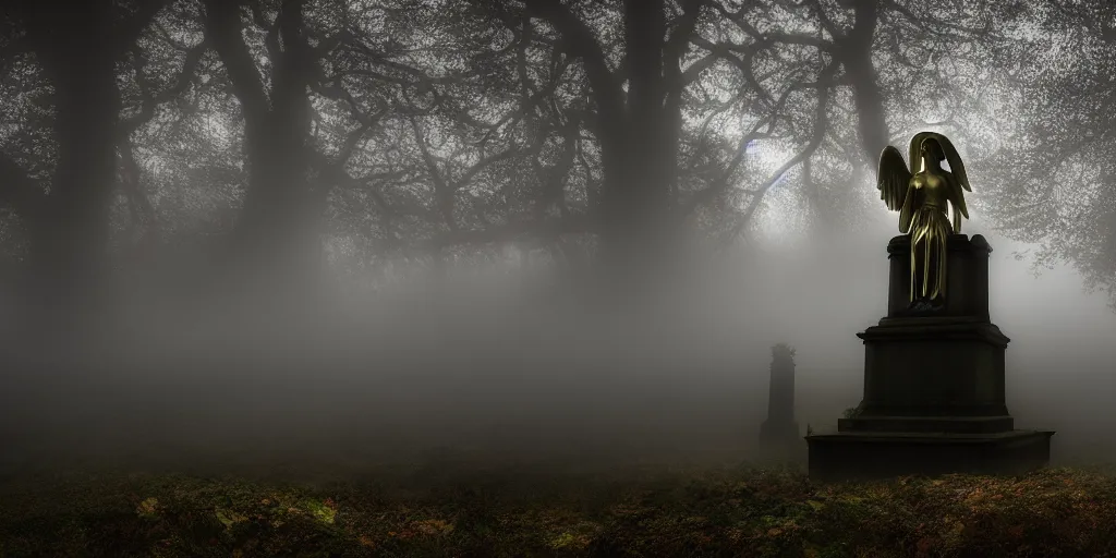 Image similar to creepy horror, Highgate cemetery, angel statuettes, tombs, blanket of fog, rain, volumetric lighting, beautiful, golden hour, sharp focus, ultra detailed, cgsociety