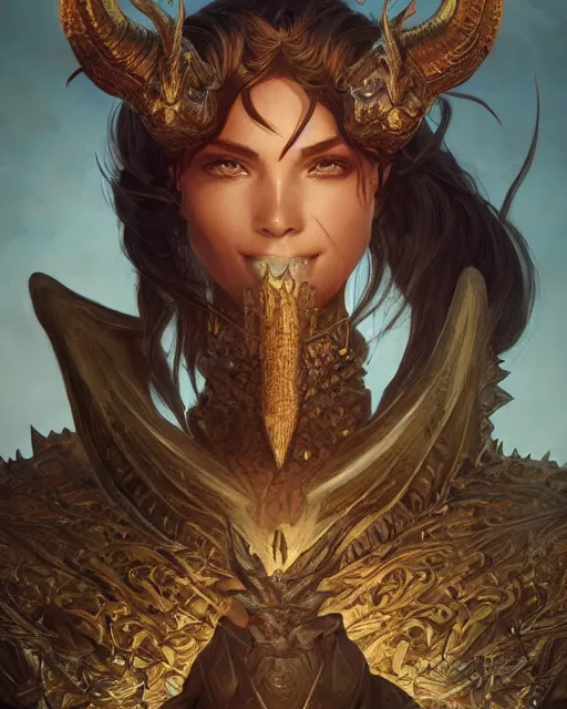 Image similar to Portrait of a dragon person, HD, illustration, epic, D&D, fantasy, intricate, elegant, highly detailed, digital painting, artstation, concept art, smooth, sharp focus, illustration, art by artgerm and greg rutkowski and alphonse mucha, monster hunter illustrations art book