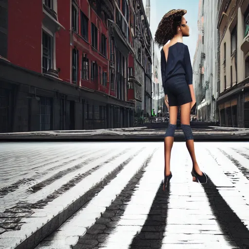 Prompt: woman, city, looking down, street top view, 3 d render