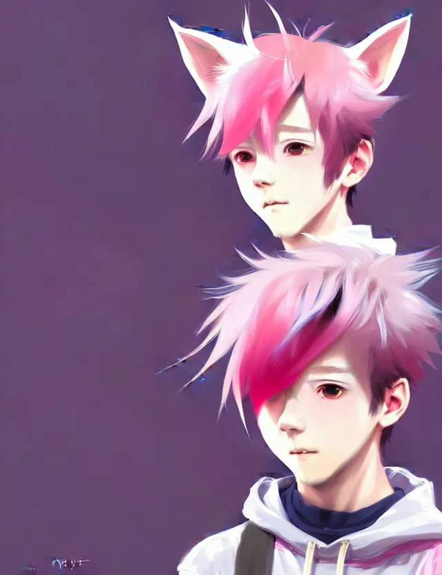 Prompt: portrait of a cute anime boy with pink hair and pink wolf ears and pink wolf tail wearing stylish clothes | | highly detailed digital art painting by ruan jia, cory loftis, jeremy mann. artstation, pinterest, volumetric lighting, subsurface scattering, photorealistic, octane render, random artists