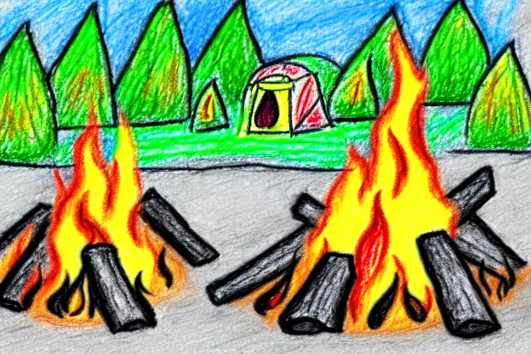 Image similar to child crayon drawing of a campsite with bonfire