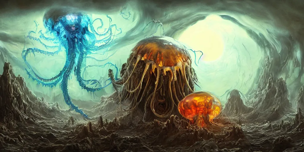 Image similar to concept art of giant translucent glowing jellyfishes, lovecraftian, lots of teeth, melting horror, round moon, rich clouds, fighting the horrors of the unknown, high resolution, very detailed, roaring, volumetric light, mist, grim, fine art, decaying, textured oil over canvas, epic fantasy art, very colorful, ornate, anato finnstark